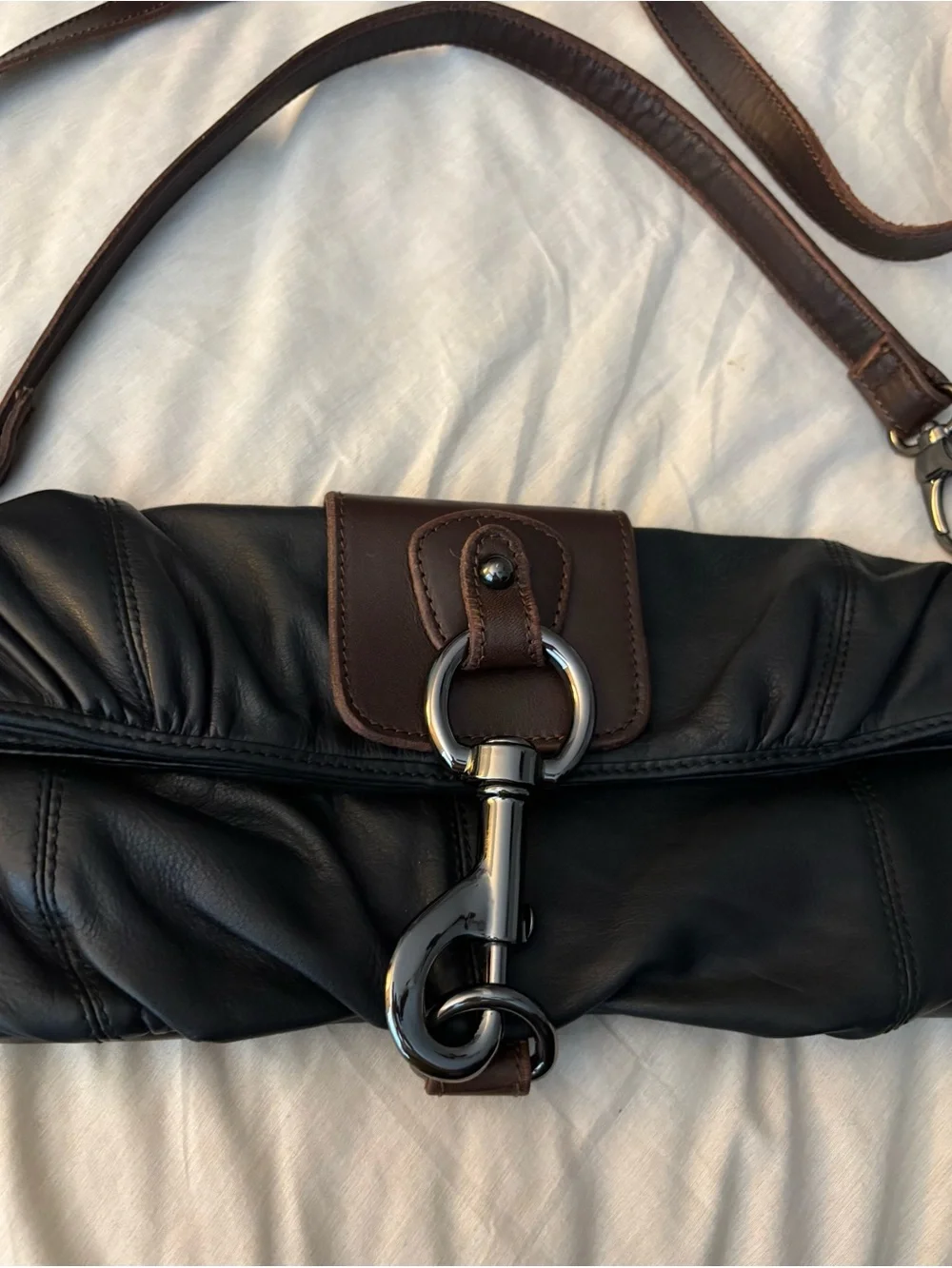 HOBO Y2K vintage Black Leather Clutch with Brown Trim and Gunmetal Hardware